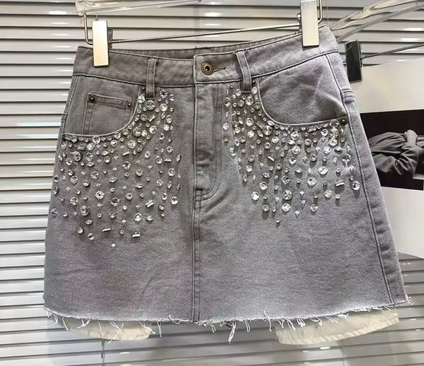 Women Gray Rhinestone Denim Jacket Two Piece Skirt Set