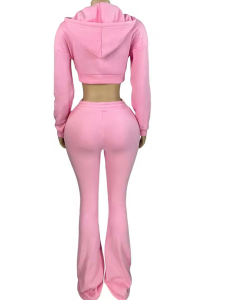 Women Fashion Hooded Zip Up Crop Two Piece Tracksuit Pant Set