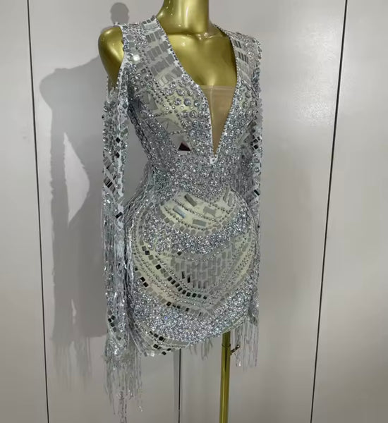 Women Sexy Crystal Mirror Mesh Full Sleeve Tassel Dress