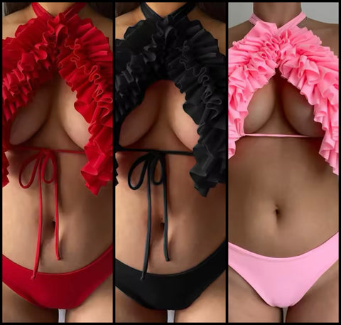 Women Sexy Color Ruffled Halter Bikini Swimsuit