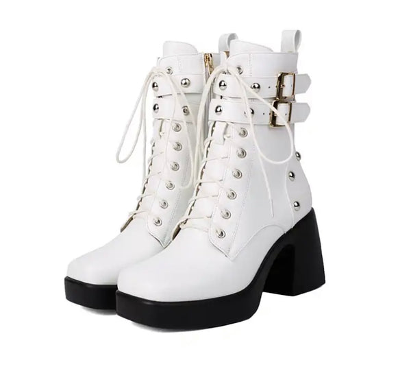 Women Fashion Platform Buckled Lace Up Ankle Boots