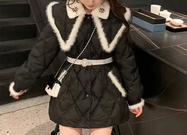 Women Fashion B&W Faux Fur Patchwork Pearl Belted Jacket