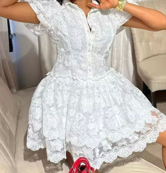 Women White Sexy Short Sleeve Lace Ruffled Dress