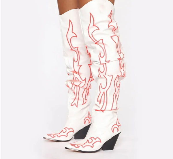 Women Fashion White Printed Knee High Western Boots