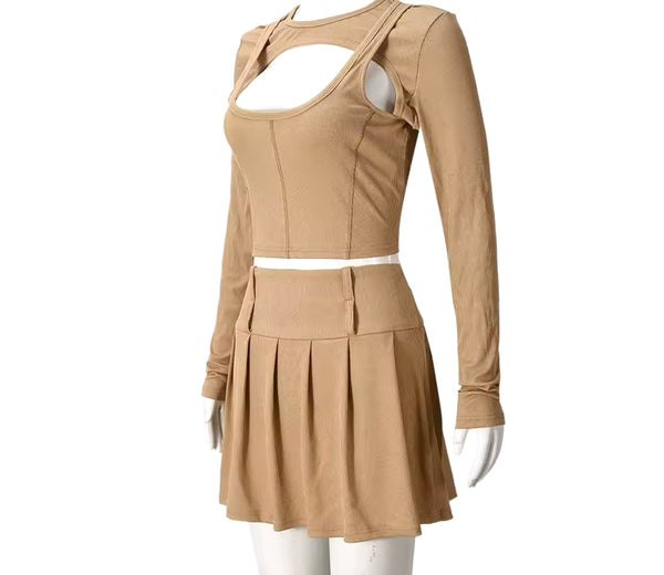 Women Sexy Khaki Full Sleeve Crop Two Piece Skirt Set