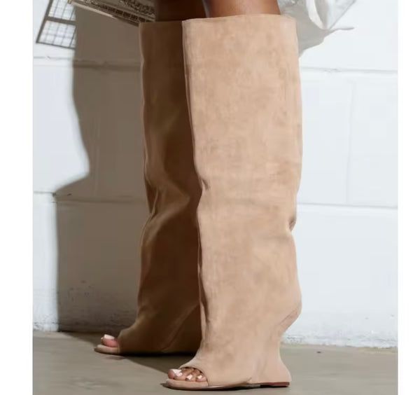 Women Color Open Toe Suede Wedge Knee High Boots