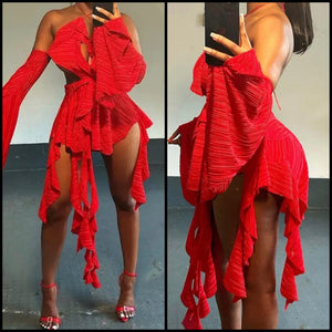 Women Sexy Red Halter Ruffled Cut Out Dress