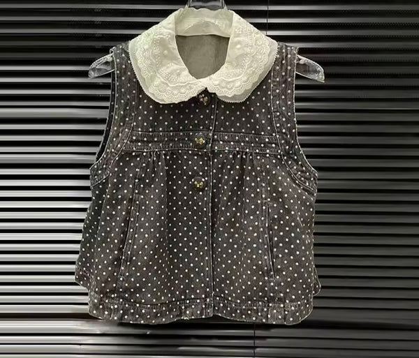 Women Lace Polka Dot Button Up Vest Denim Two Piece Pant Set