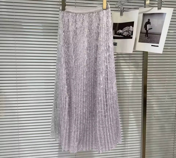 Women Sparkly Sleeveless Sexy Two Piece Pleated Maxi Skirt Set