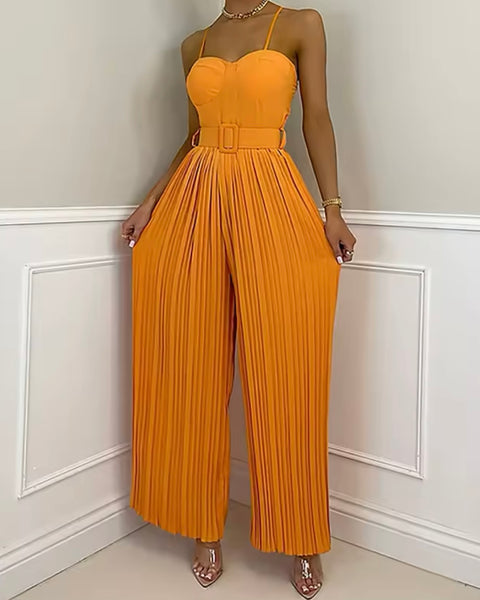 Women Sleeveless Solid Color Fashion Pleated Jumpsuit