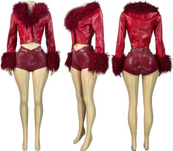 Women Fashion Fur Patchwork PU Jacket Two Piece Short Set