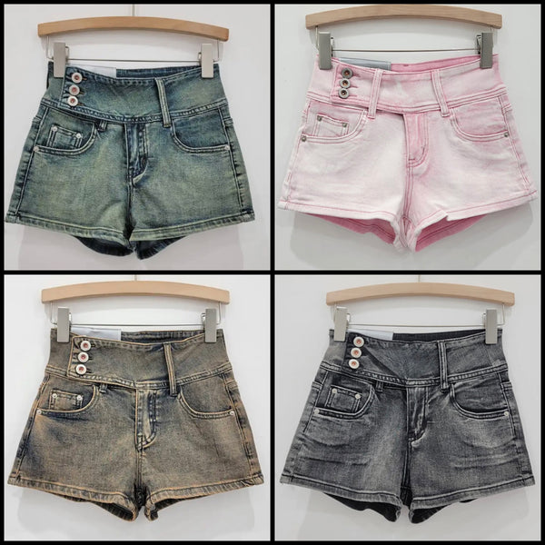 Women Fashion Button Color Denim Shorts