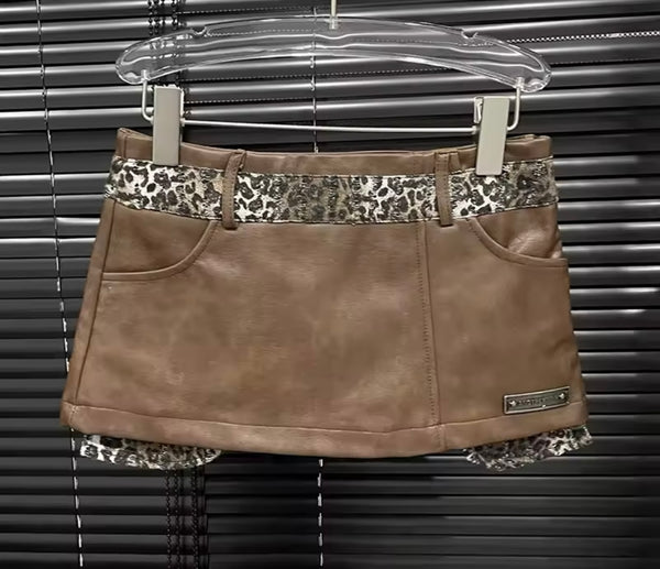 Women Sexy Strapless Leopard Patchwork Faux Leather Two Piece Skirt Set