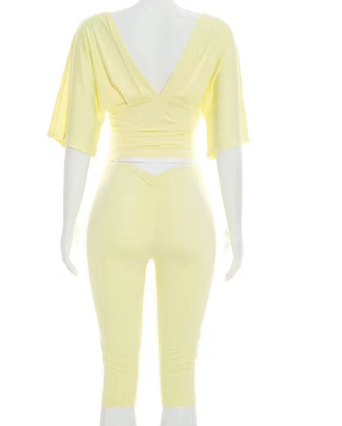 Women V-Neck Short Sleeve Crop Two Piece Capri Pant Set