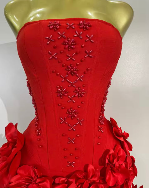 Women Sexy Strapless Floral Beaded Bandage Dress
