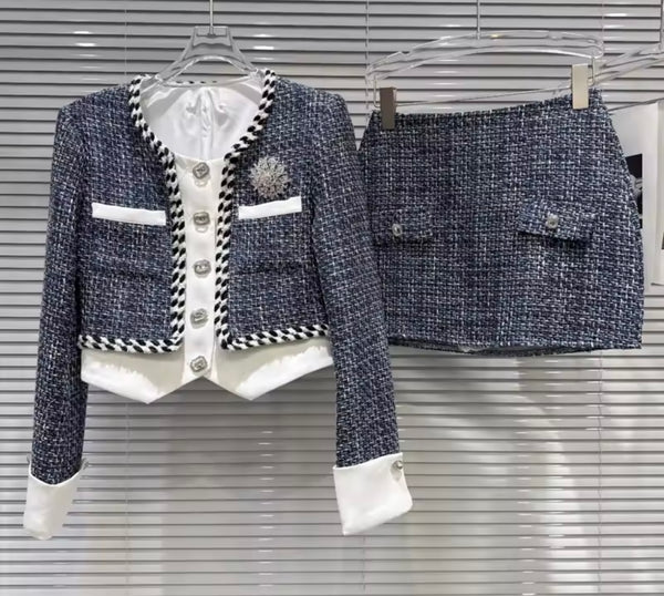 Women Sexy Fashion Blue Tweed Blazer Two Piece Skirt Set
