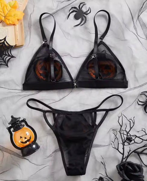 Women Sexy Black Pumpkin Mesh Lingerie Set
