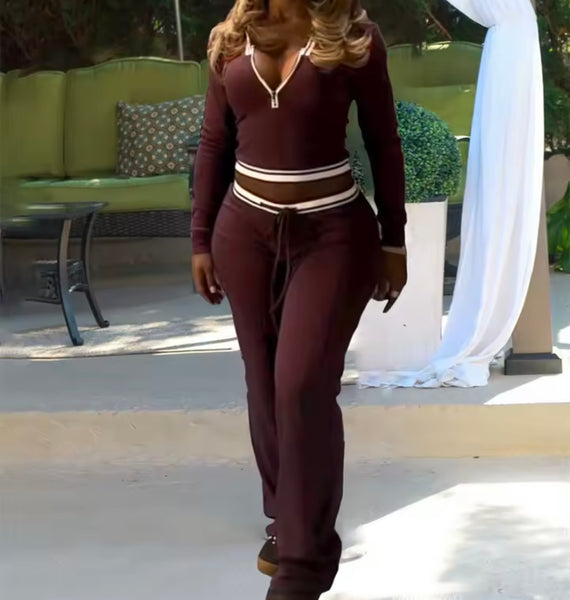 Women Fashion Zip Up Color Block Tracksuit Two Piece Pant Set