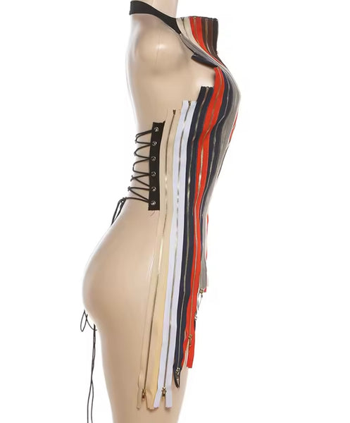 Women Fashion Multicolored Zipper Sleeveless Open Back Top
