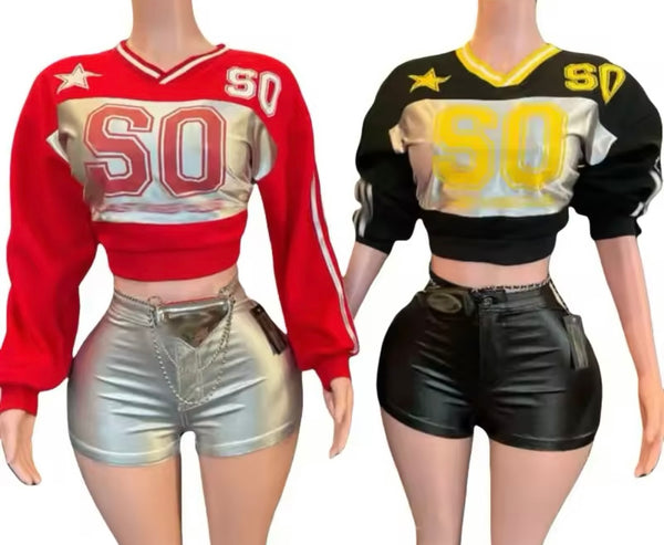 Women Fashion Letter Full Sleeve Two Piece PU Short Set