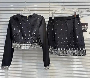 Women Two Piece Sexy Full Sleeve Bling Crystal Skirt Set