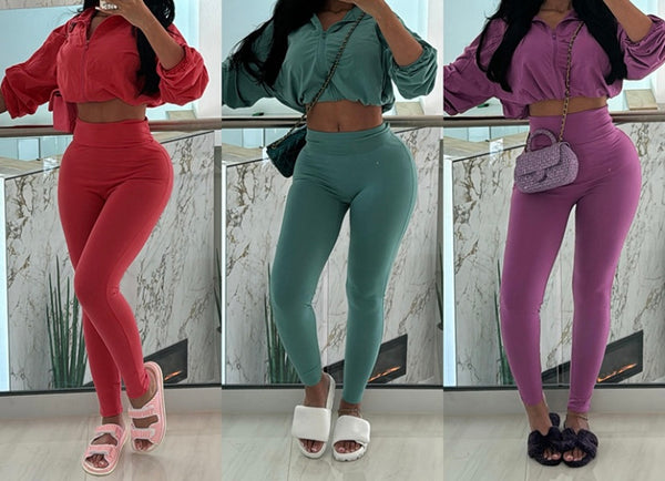 Women Fashion Solid Color Zip Up Full Sleeve Crop Two Piece Pant Set