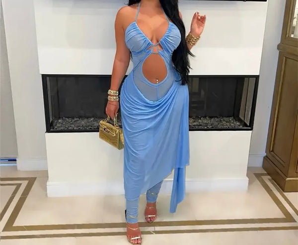 Women Sexy Sleeveless Mesh Asymmetrical Cut Out Jumpsuit