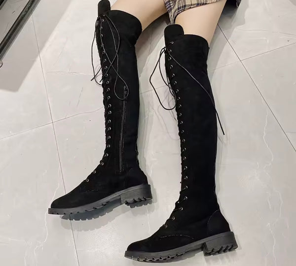Women Fashion Color Suede Lace Up Over The Knee Flat Boots
