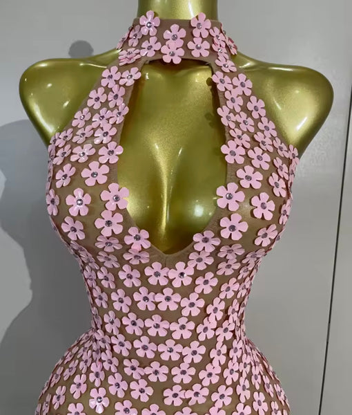 Women Pink Halter Sleeveless Sexy Floral Mesh Dress