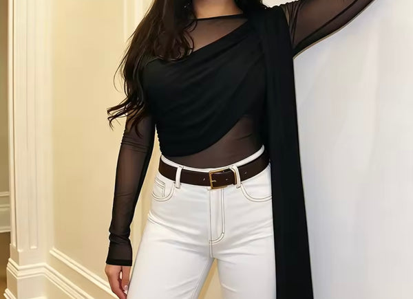 Women Fashion Draped Mesh Full Sleeve Top