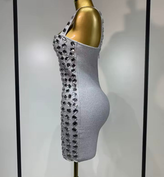 Women Sexy Sleeveless Silver Crystal Dress