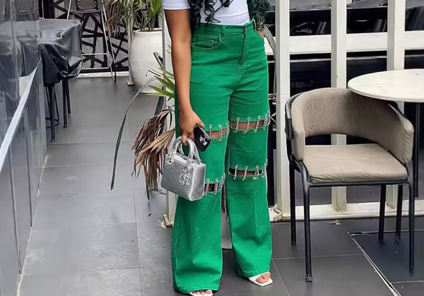 Women Green Cut Out Chain Fashion Denim Pants