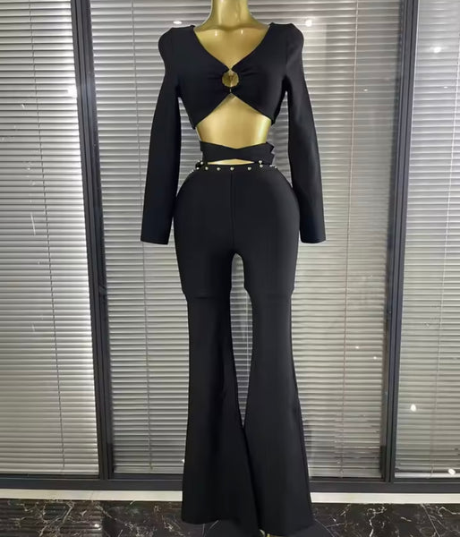 Women Black Full Sleeve Crop Rivet Two Piece Pant Set