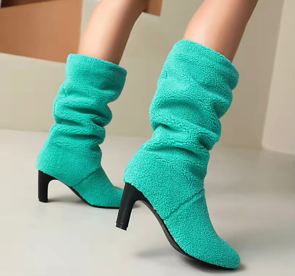 Women Color Fashion Wool High Heel Boots