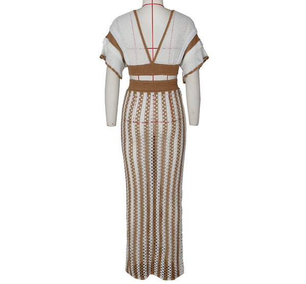 Women Sexy Color Patchwork Short Sleeve Knitted Two Piece Maxi Skirt Set