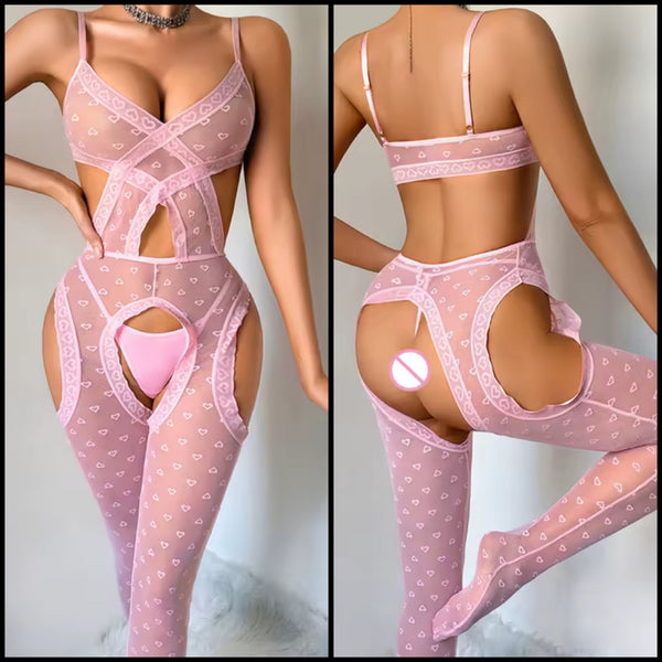 Women Sexy Pink Heart Mesh Bodysuit Lingerie Set