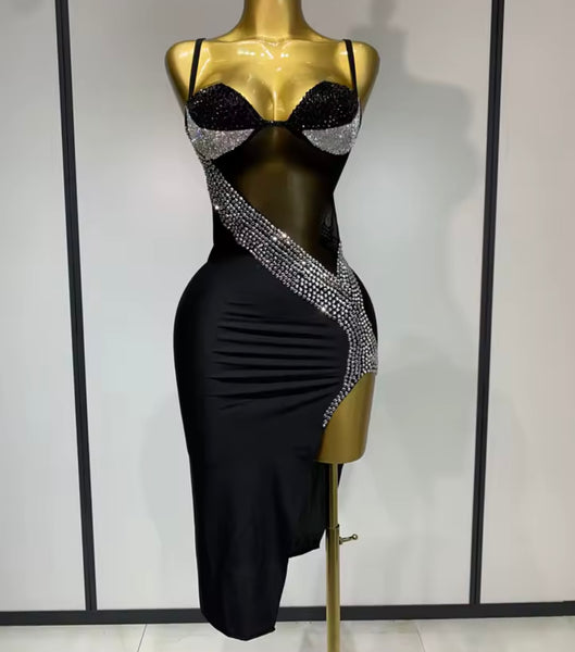 Women Sexy Sleeveless Black Rhinestone Mesh Patchwork Dress