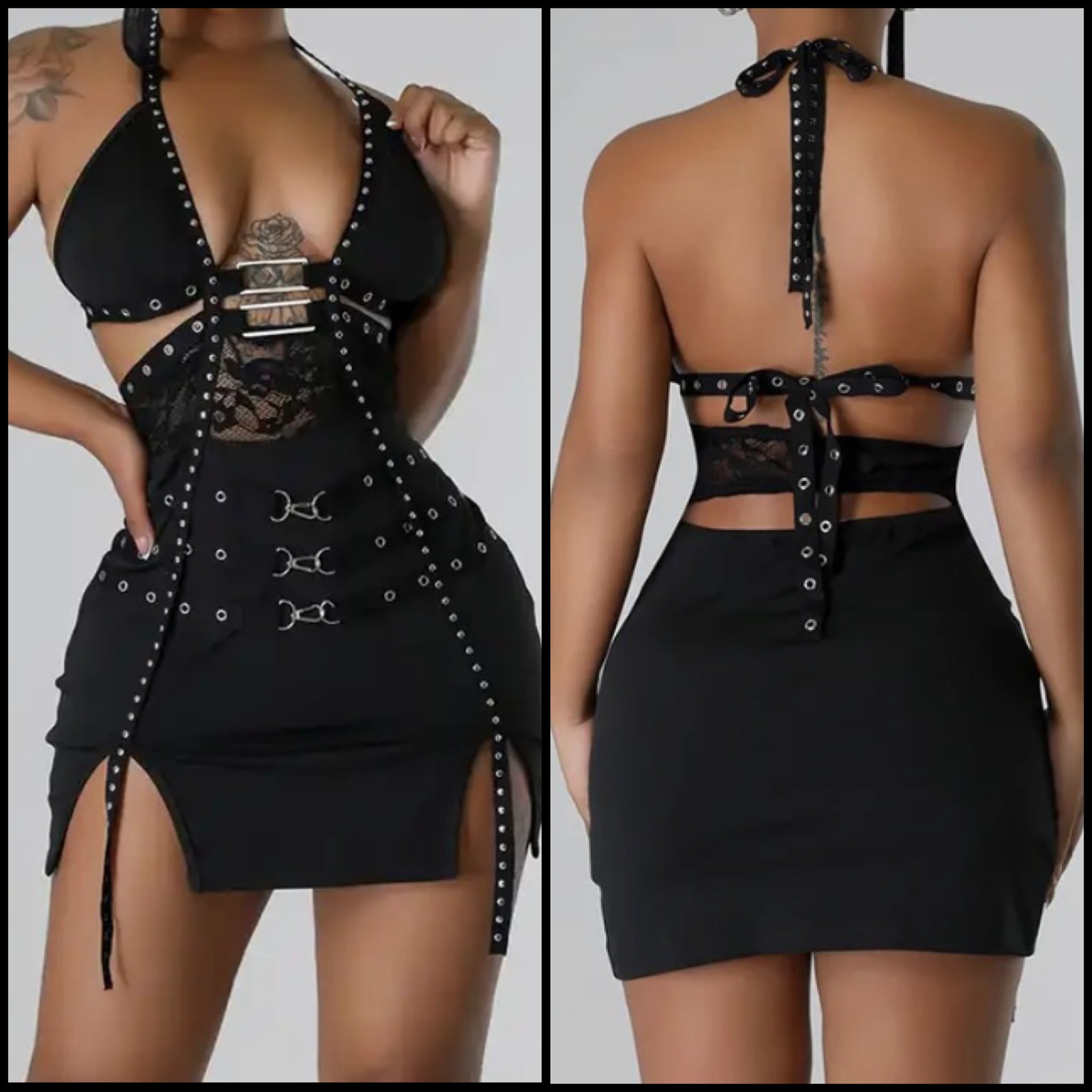 Women Black Sexy Sleeveless Buckled Rivet Dress