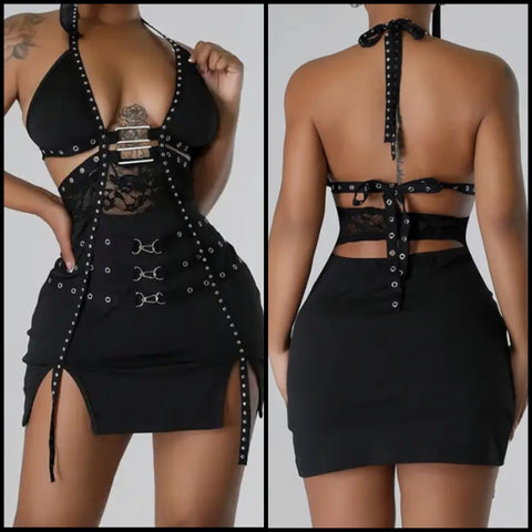 Women Black Sexy Sleeveless Buckled Rivet Dress