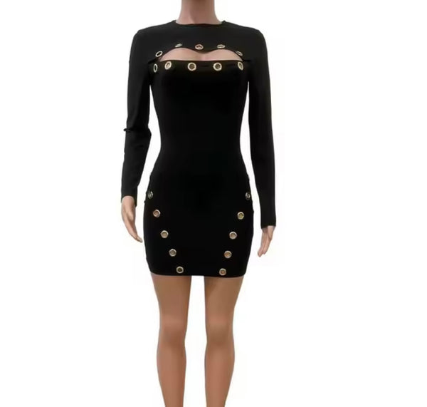 Women Sexy Metal Ring Cut Out Full Sleeve Black Dress