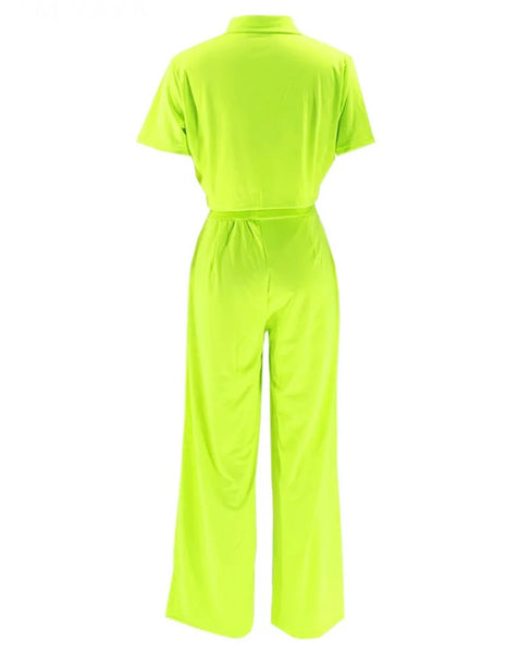 Women Button Up Short Sleeve Fashion Two Piece Pant Set