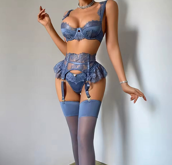 Women Sexy Blue Lace Lingerie Set