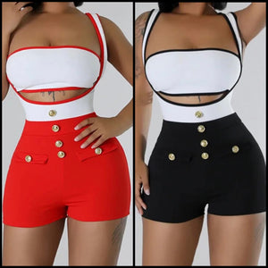Women Sexy Sleeveless Color Patchwork Button Two Piece Short Set