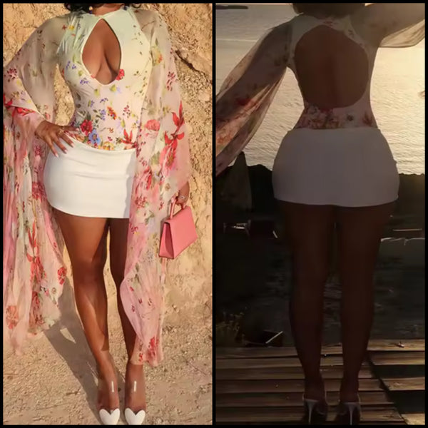 Women Sexy Fashion Floral Print Cut Out Batwing Bodysuit Top