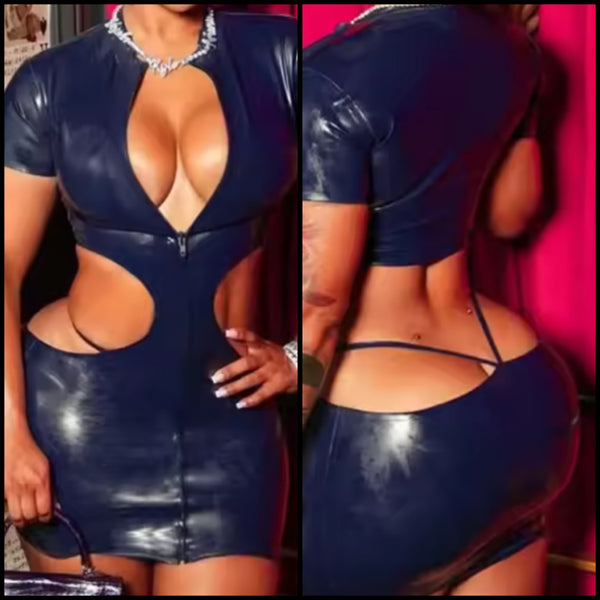 Women Blue Sexy Zip Up Cut Out PU Short Sleeve Dress