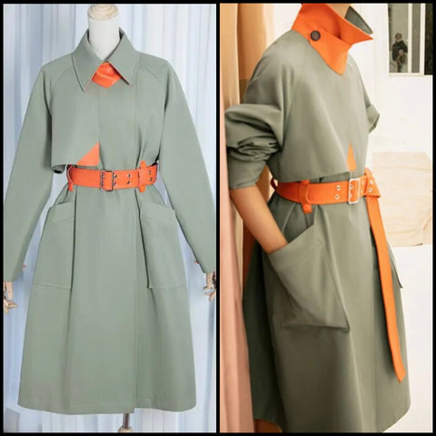 Women Fashion Color Patchwork Belted Trench Jacket