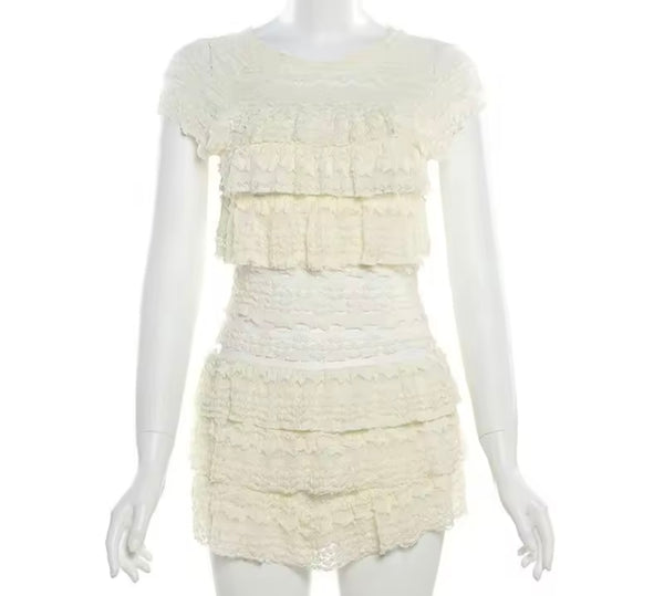 Women Sexy Color Ruffled Lace Two Piece Skirt Set