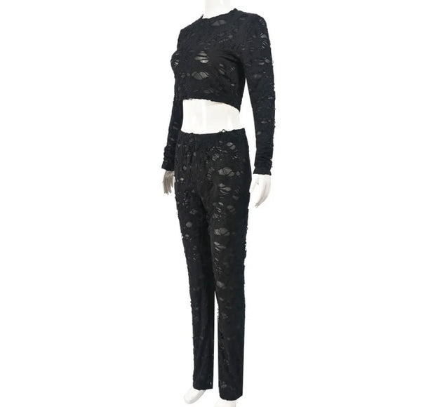Women Sexy Black Ripped Full Sleeve Two Piece Pant Set