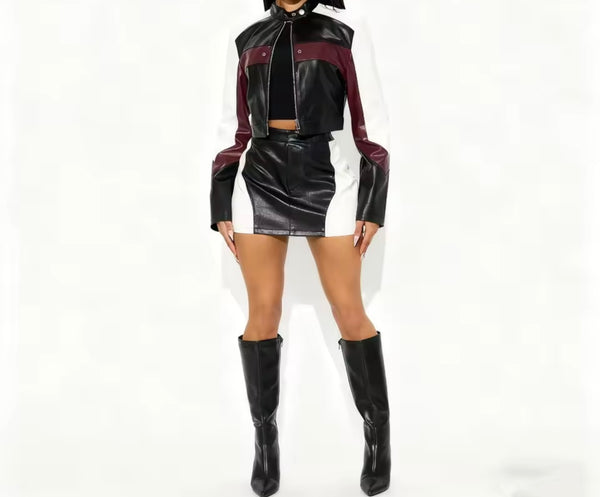 Women Sexy Faux Leather Color Patchwork Two Piece Skirt Set