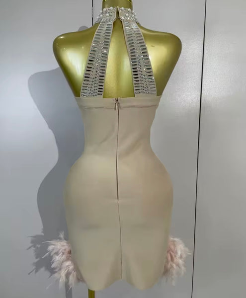 Women Sexy Halter Sleeveless Pearl Rhinestone Feather Dress